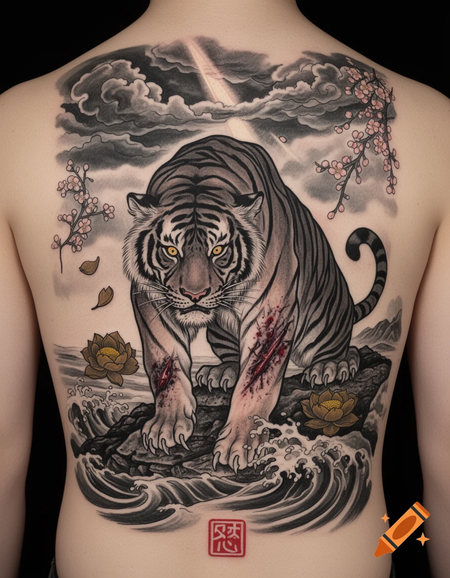 Full back tattoo of a wounded tiger with blood on its legs, crouching on rocks with crashing waves, lotus flowers, cherry blossoms, storm clouds, and a Chinese seal character at the base, in an ink-wash style.