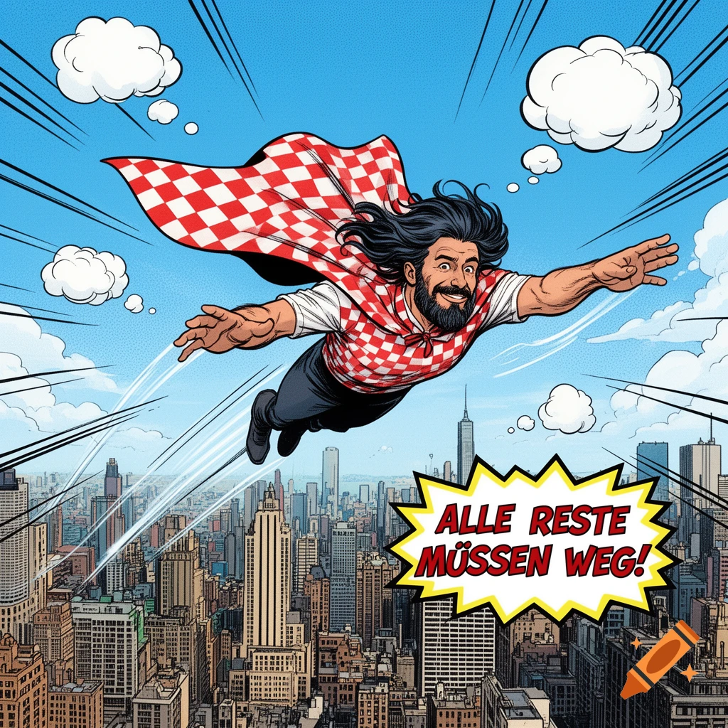 A comic book superhero in a checkered cape flies over a city, with text 'ALLE RESTE MÜSSEN WEG!' in a speech bubble.