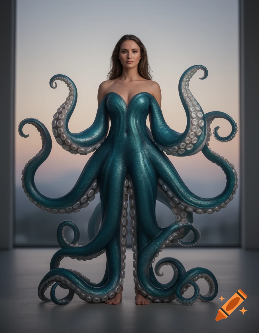 A woman in a glistening teal octopus tentacle dress stands against a light background, looking at the viewer.