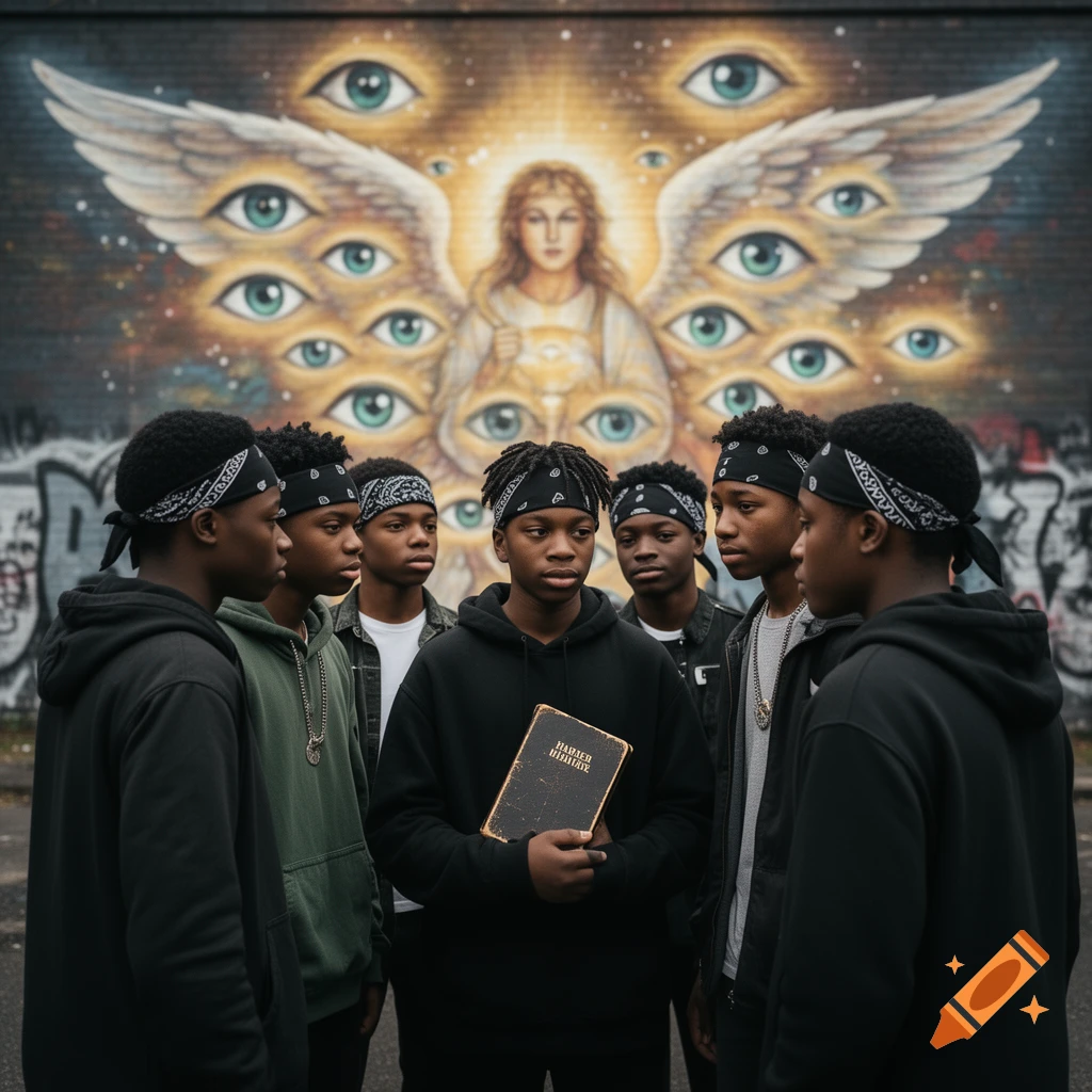 Group of Black teenagers with black bandanas stand before a mural of a winged angel covered in multiple eyes; one holds a book.