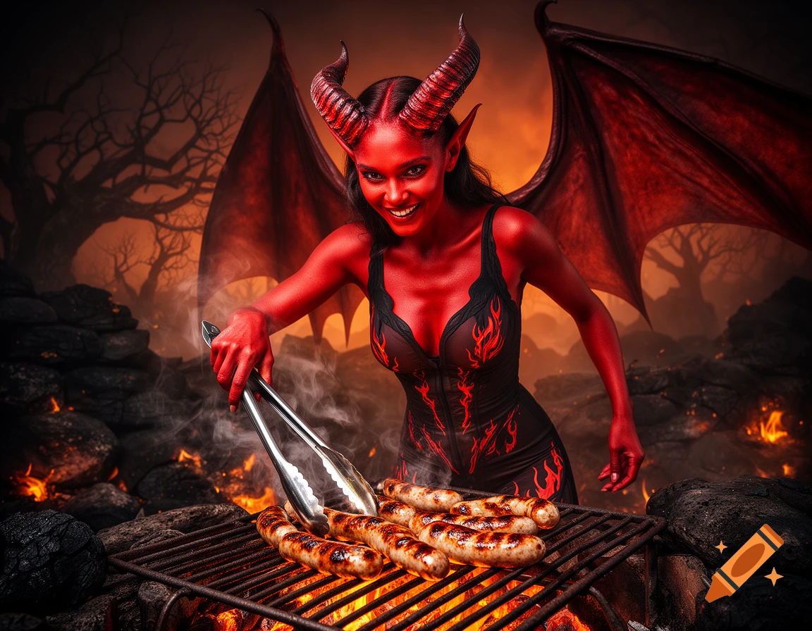 A smiling, red-skinned demoness with horns and wings grills sausages over a fiery pit in a dark, ominous landscape.