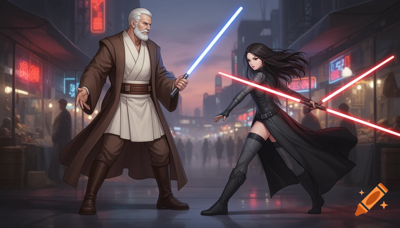 Anime-style depiction of an older Jedi Master with a blue lightsaber dueling a young woman with two red lightsabers on a neon-lit world.