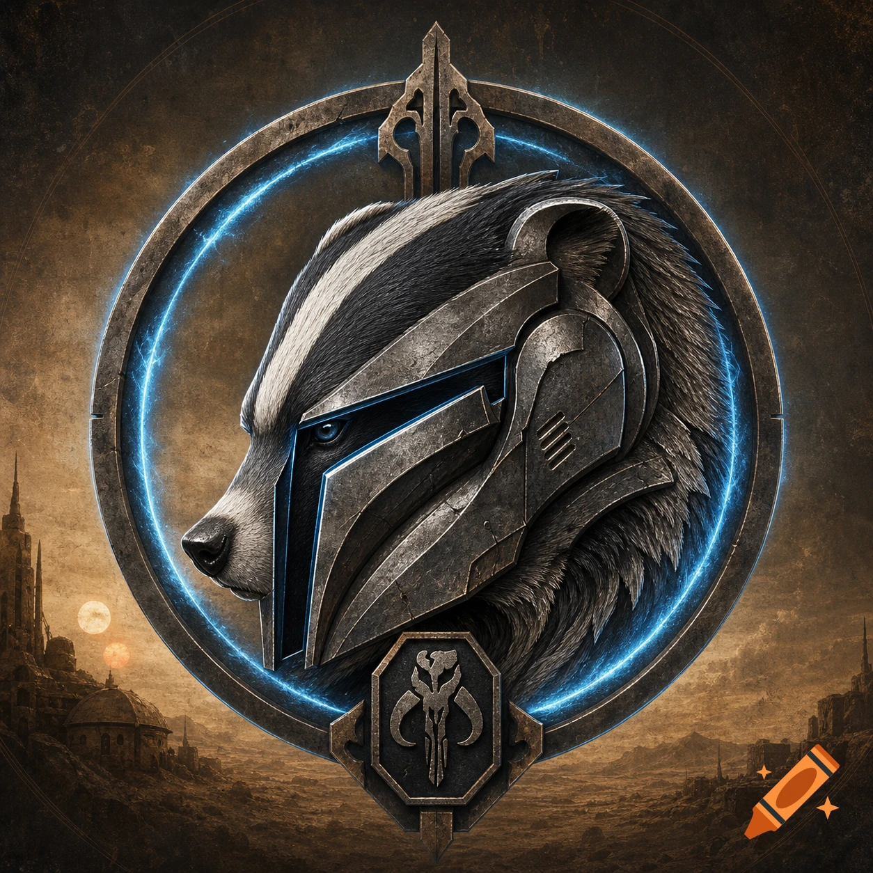 A badger in a Mandalorian helmet within a glowing blue circular emblem, above a Mandalorian symbol, against a desert planet background.