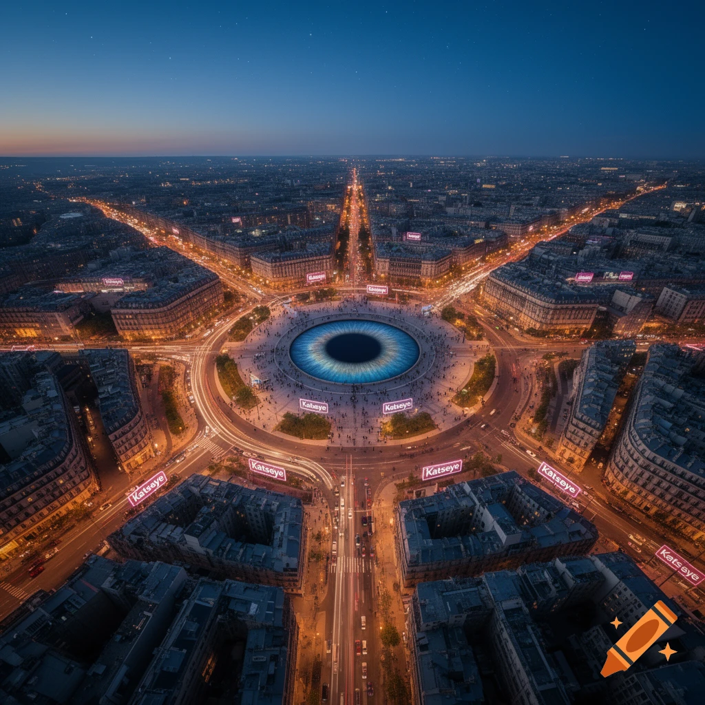Aerial photorealistic view of a city roundabout at night with a giant blue eye in the center, surrounded by illuminated buildings and car light trails.