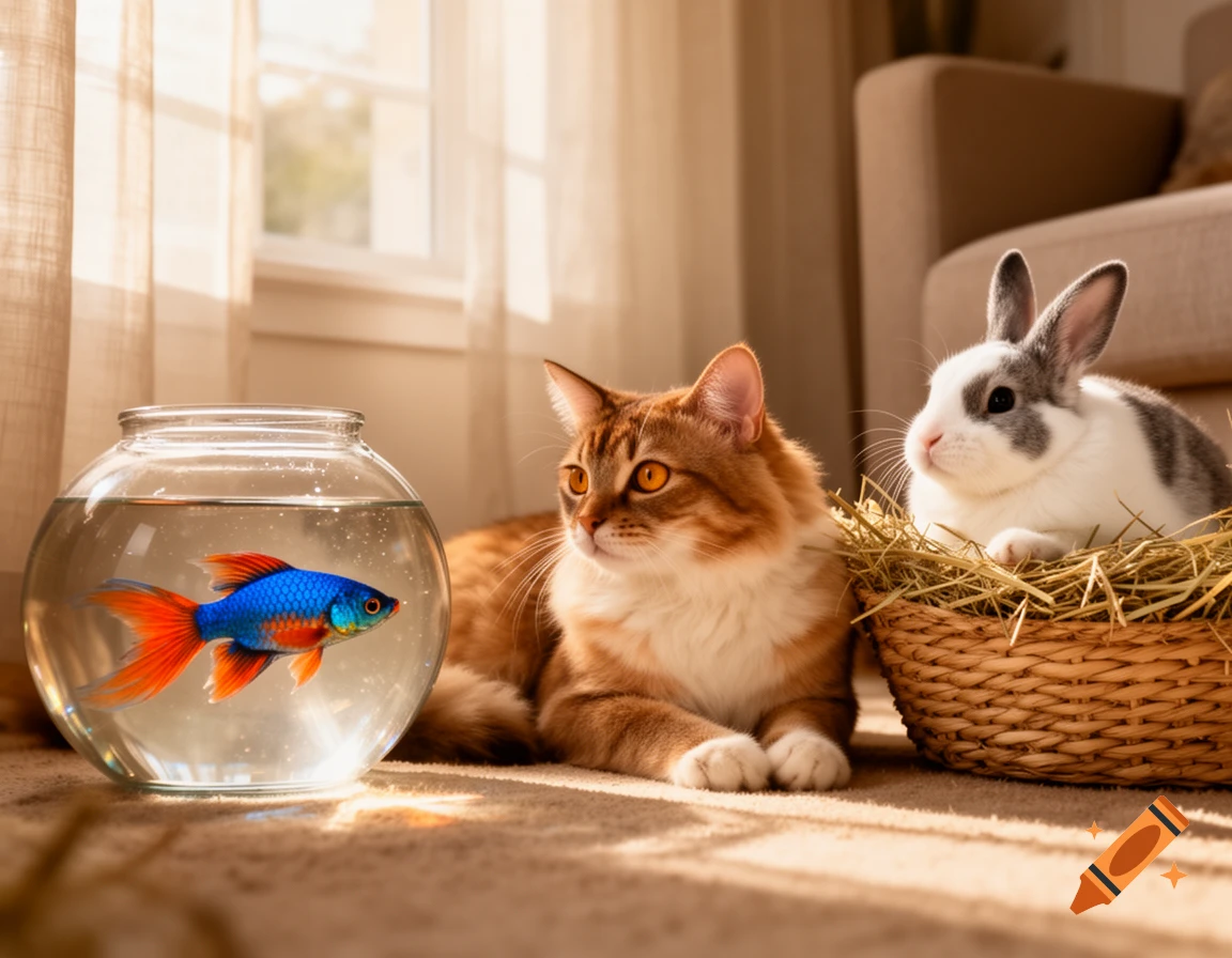A ginger cat lies next to a glass fishbowl with a colorful fish, and a white and grey rabbit in a straw basket, all in sunlight by a window.