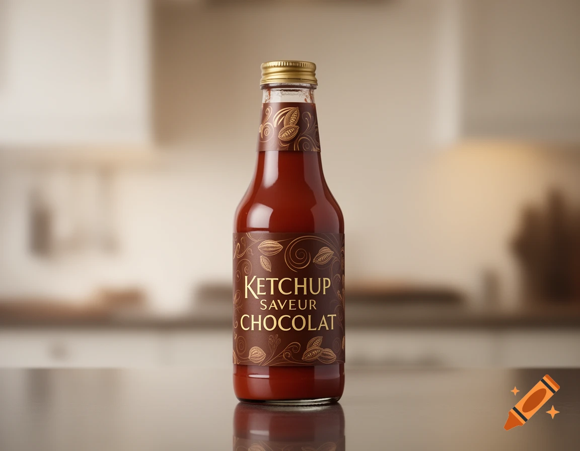 A photorealistic image of a bottle of chocolate-flavored ketchup with a gold cap, on a reflective surface in a kitchen.