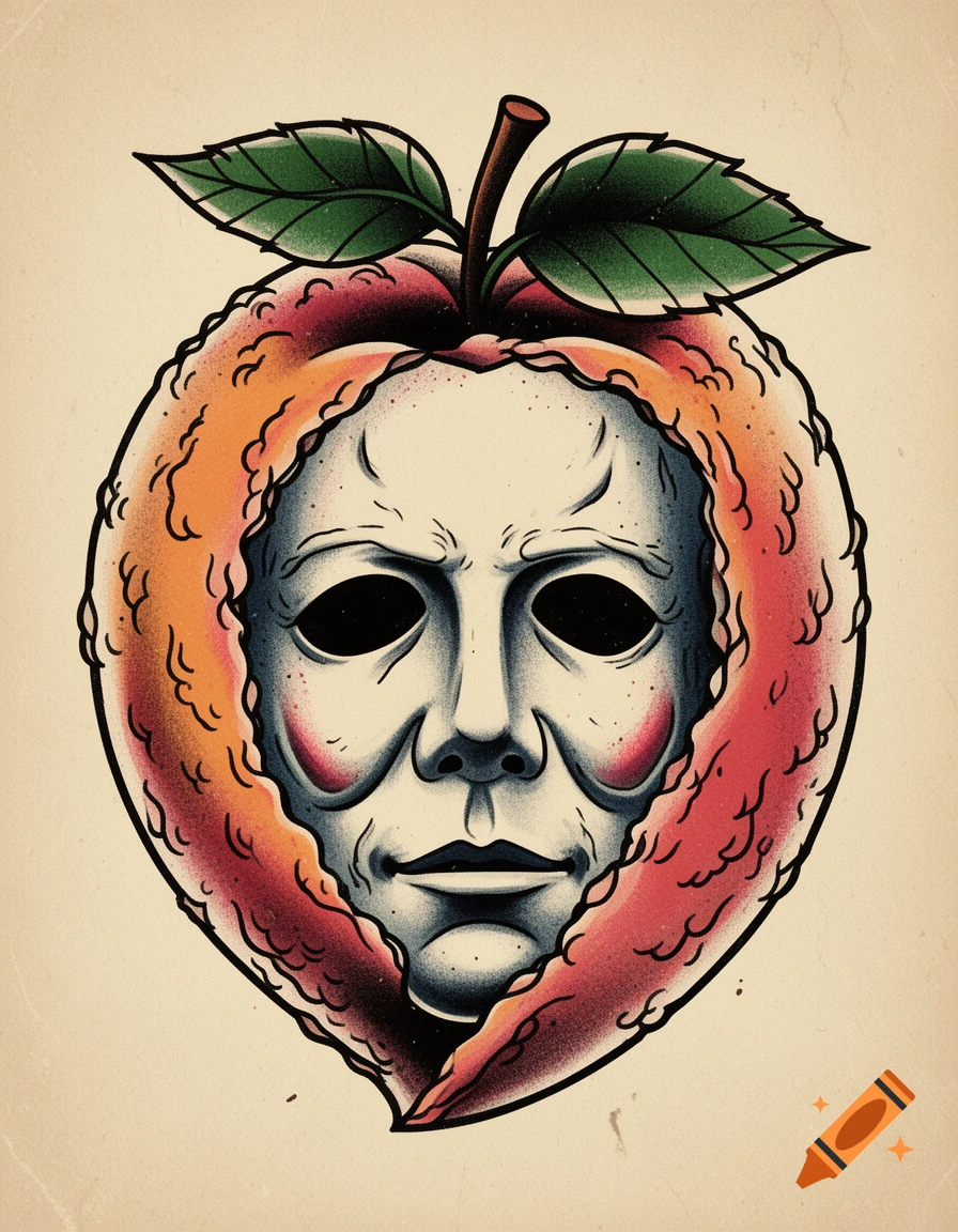 Old school tattoo of a Michael Myers mask emerging from a peach, with green leaves and a stem.