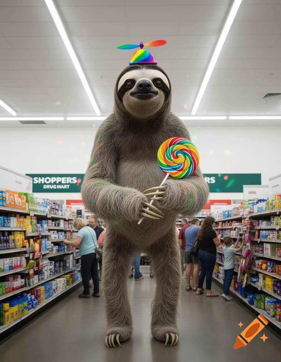A tall, lanky sloth wearing a rainbow propeller hat holds a large lollipop in a grocery store aisle.