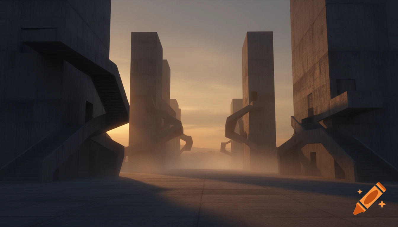 A surreal brutalist architectural landscape at dusk, with towering concrete structures, impossible stairways, and a misty plaza under a warm sky.