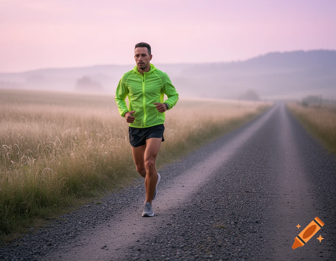 A man in a neon green jacket and black shorts runs along a gravel road through a misty field at dawn.