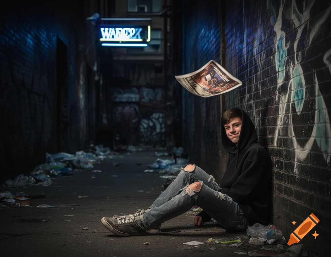 A male teenager in a black hoodie and ripped jeans sits in a trash-filled urban alley with graffiti and a neon sign overhead.