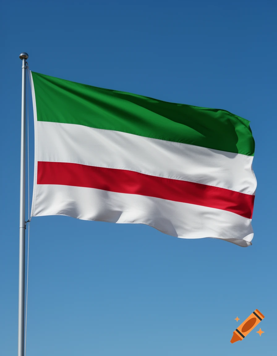 A Chechnya flag with green, white, and red horizontal stripes waves on a flagpole against a clear blue sky.