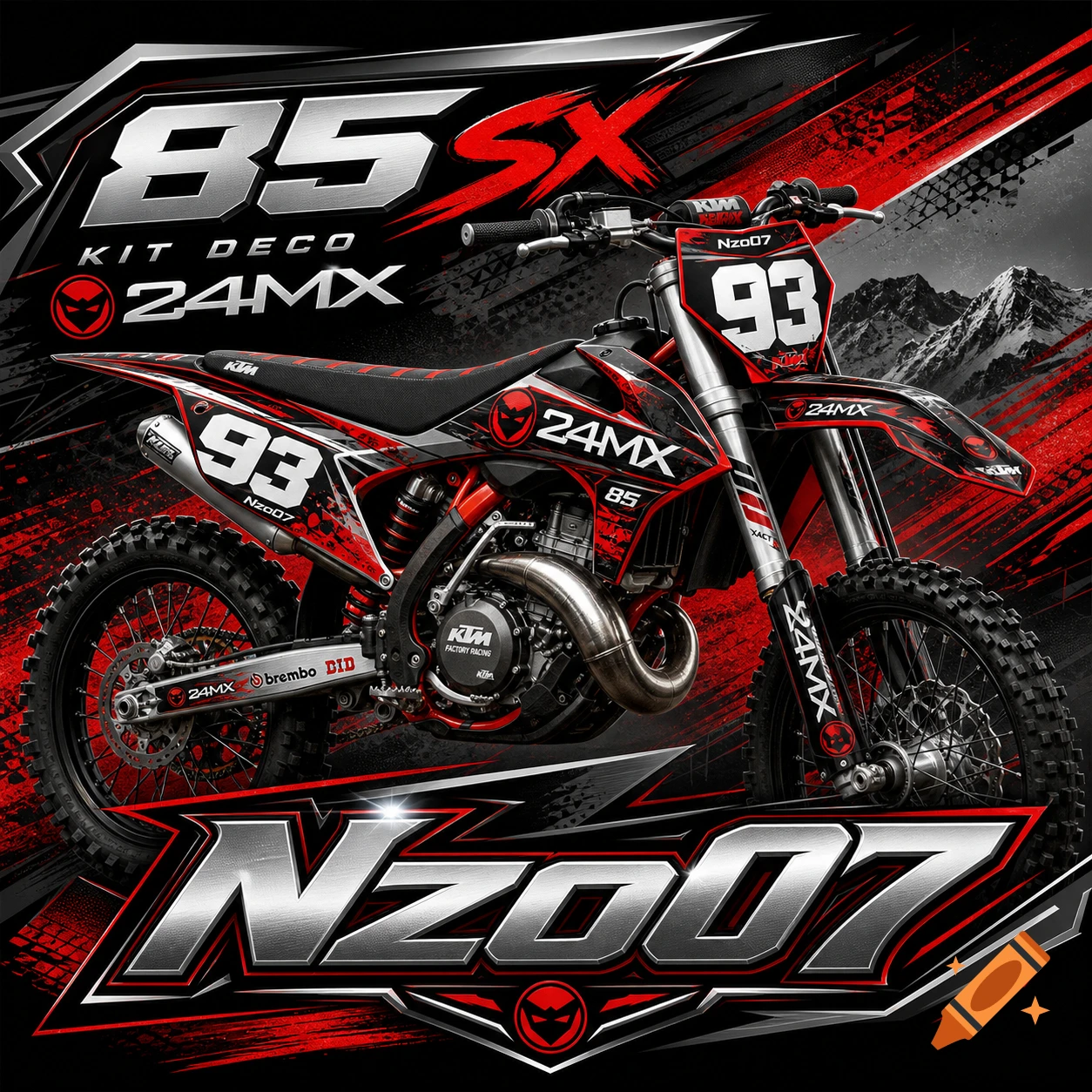A vibrant red and black KTM 85 SX dirt bike with '93' and 'Nzo07' graphics, set against a dark background with mountains.