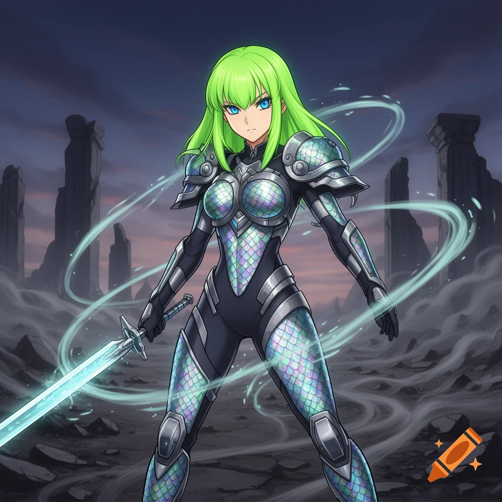 An anime warrior with bright green hair and blue eyes stands in iridescent scale armor, holding a glowing sword in a ruined landscape under a dark sky.