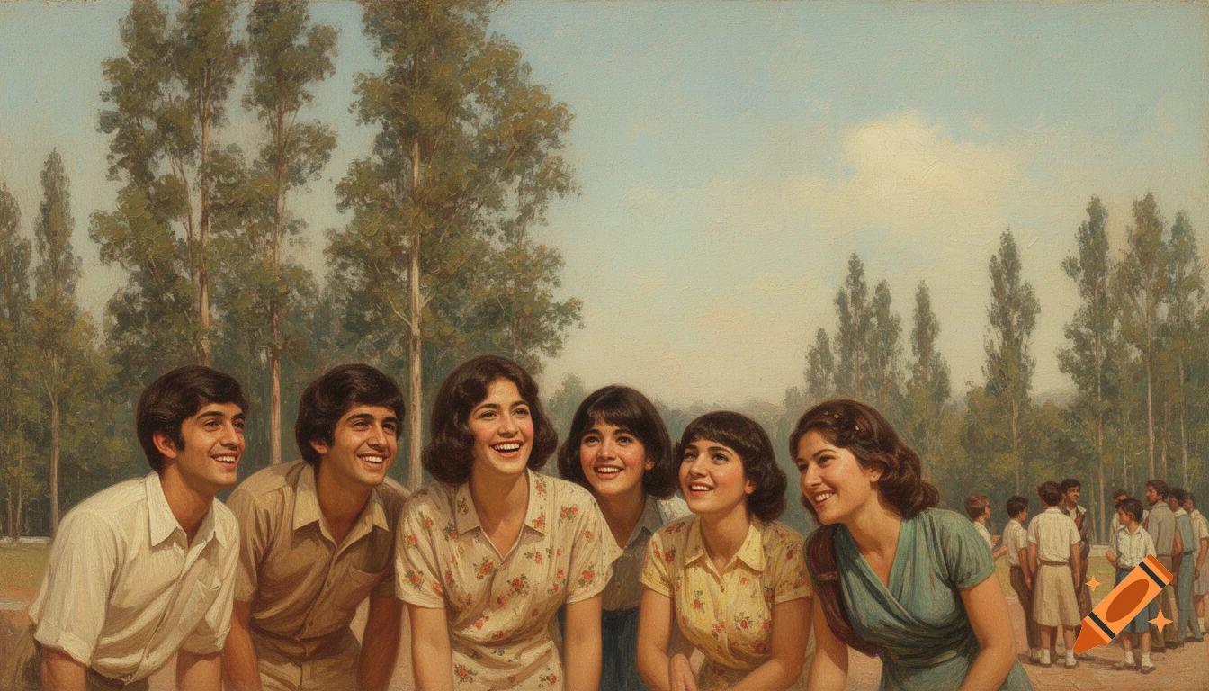 Oil painting of smiling young students in 1970s clothing, looking forward in an outdoor setting with trees.