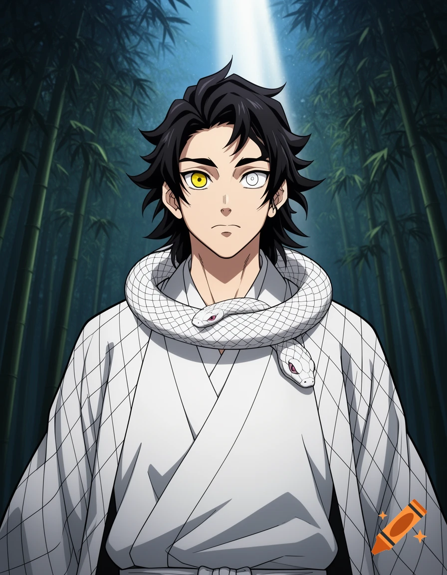 Anime male character with black hair, yellow and white eyes, wearing a white kimono and two white snakes around his neck, standing in a bamboo forest.