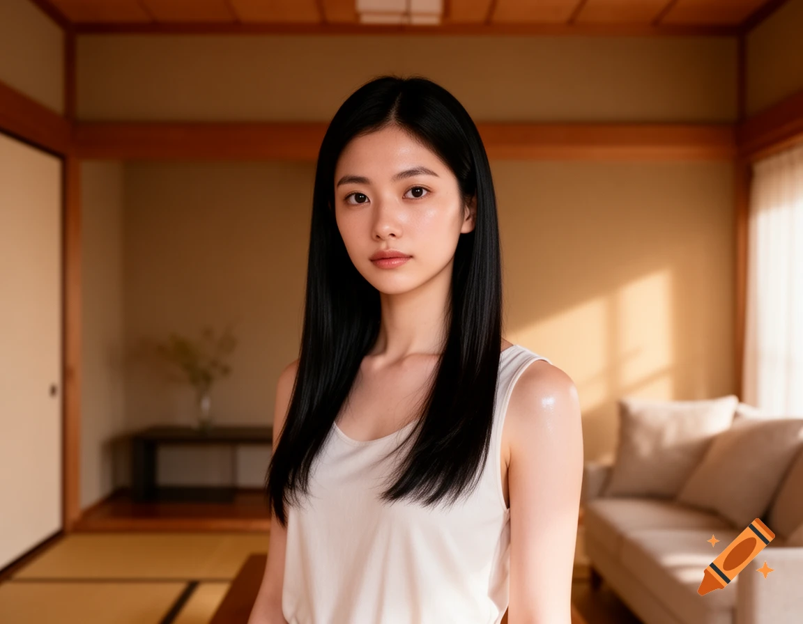 A young East Asian woman with long black hair and a white tank top stands looking forward in a traditional Japanese room.
