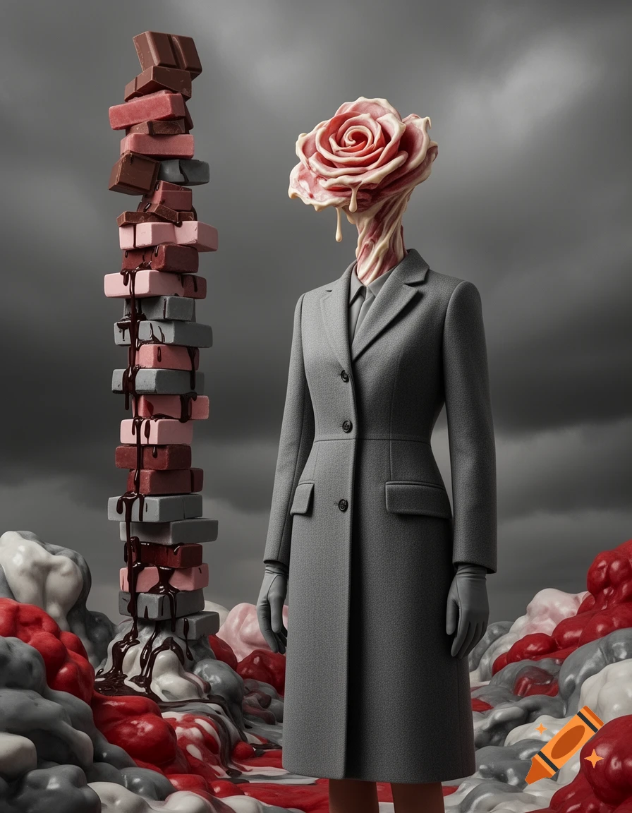 Hyperrealistic, surreal artwork: woman in grey coat with melting rose head, tower of chocolate, and organic forms on ground.