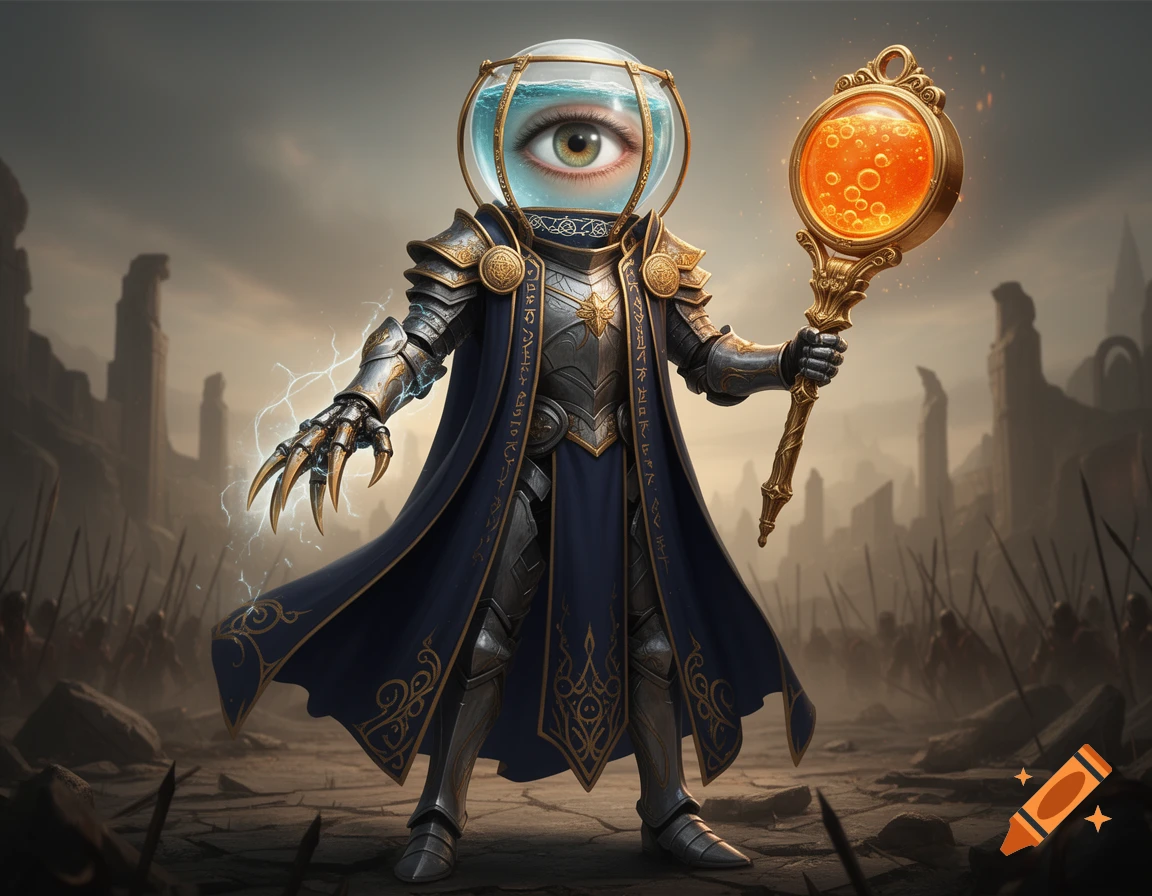 A fantasy knight with an eye in a fishbowl head, a glowing staff arm, and a clawed gauntlet, stands on a ruined battlefield.