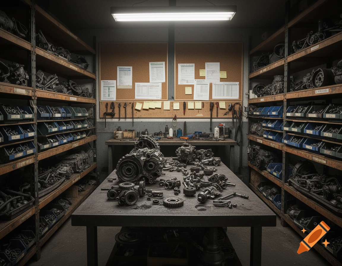 A dimly lit workshop with shelves packed with mechanical parts and a table covered in disassembled machinery and tools.