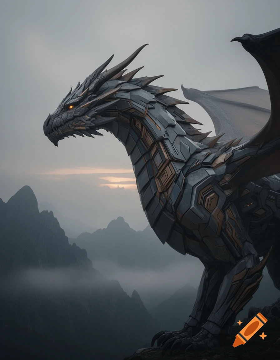 A majestic, angular, mechanical-style dragon with glowing orange eyes overlooks a misty mountain range at dawn or dusk.