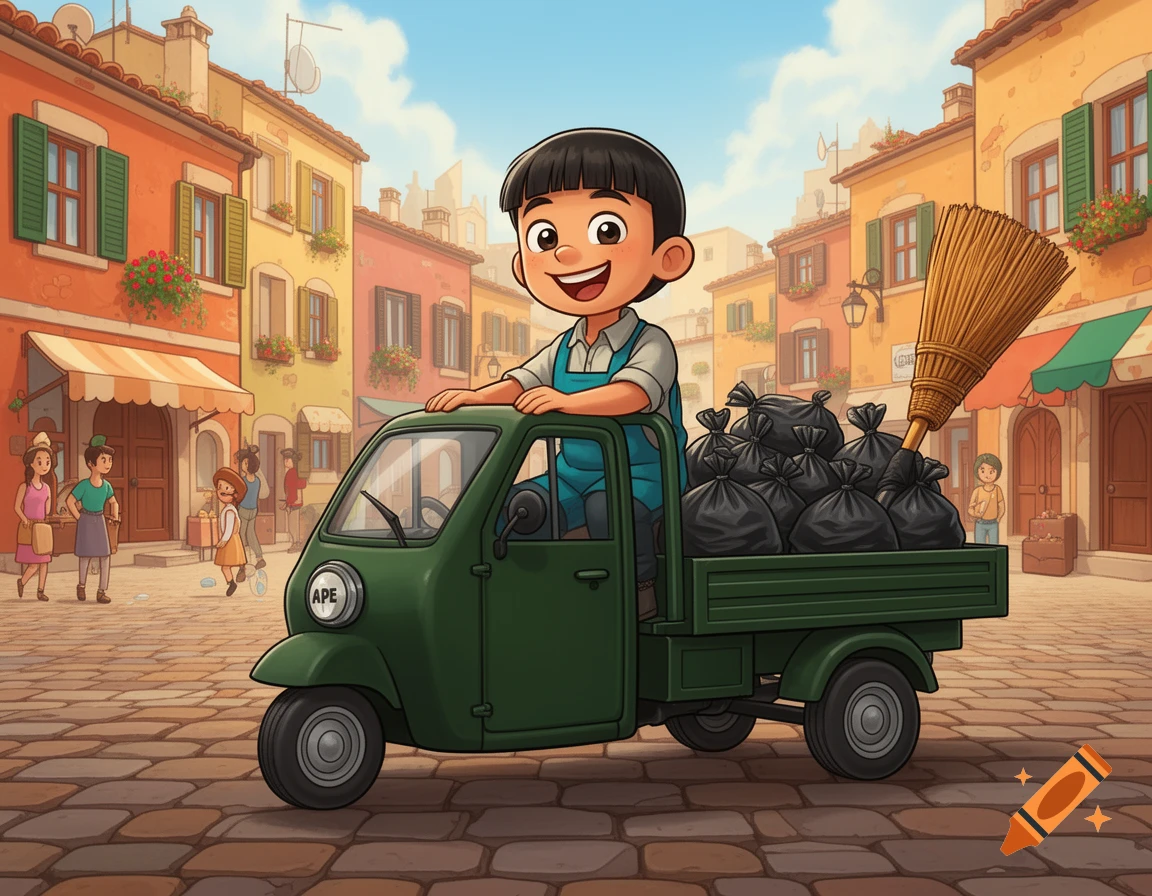 A cheerful cartoon young garbage collector on a green Ape Car with trash bags and a broom in an Italian town.