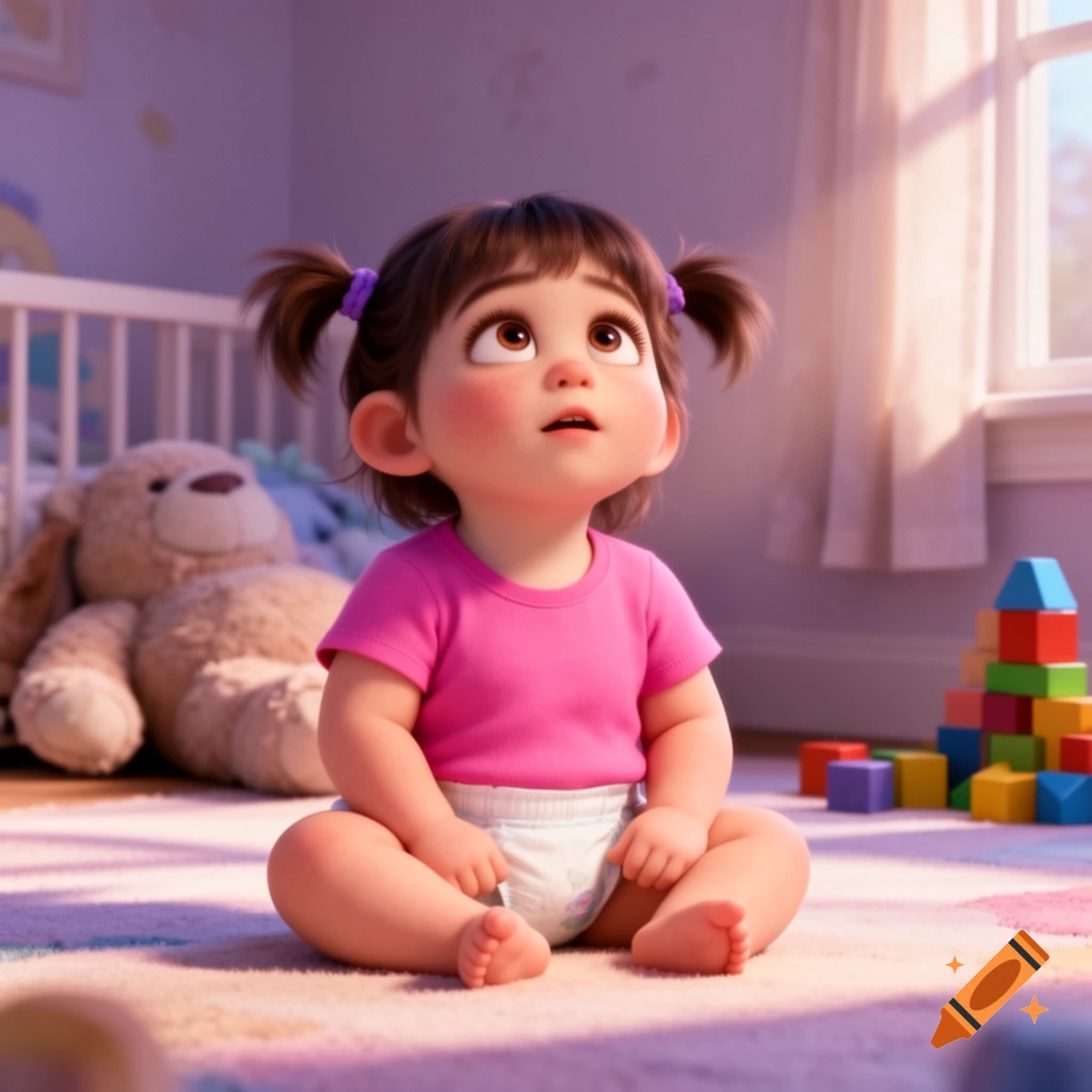 A cute animated toddler, Boo from Monsters, Inc., with pigtails and a pink shirt, sits on a rug in a brightly lit nursery, looking up.
