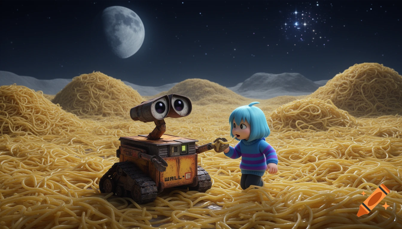 Wall-E and a blue-haired child stand on a moon covered in spaghetti, under a starry night sky with a large moon.
