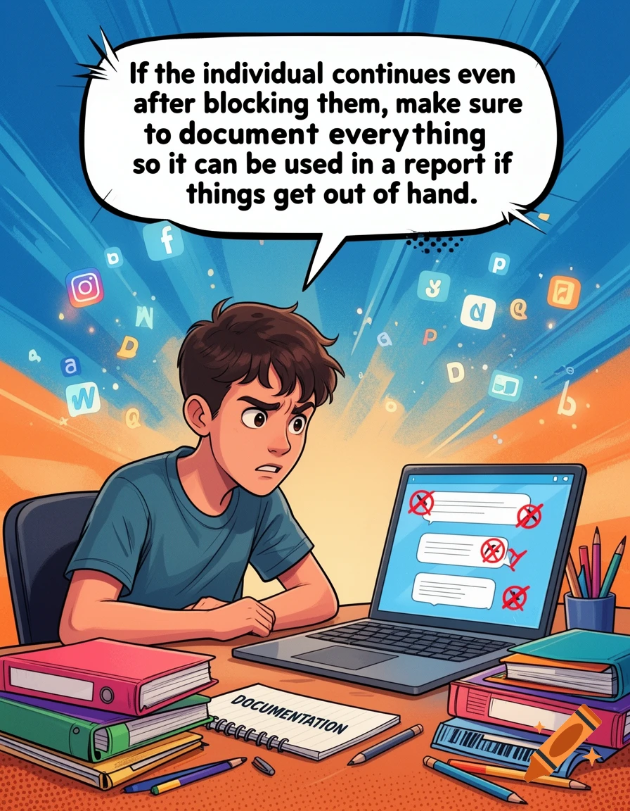 A worried cartoon boy sits at a desk with a laptop and a notebook, with a speech bubble advising to document cyberbullying.