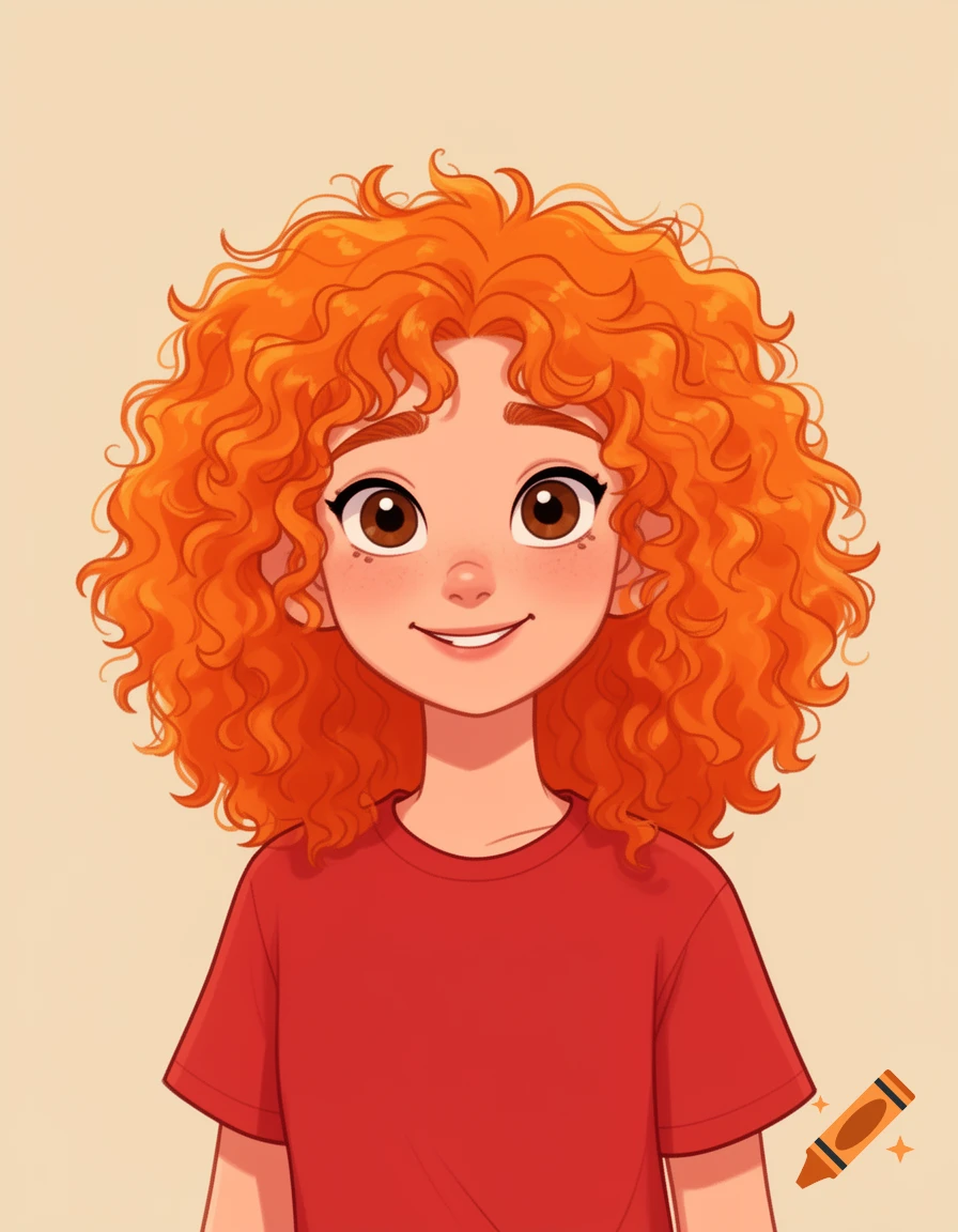 A cartoon portrait of a girl with bright orange curly hair, brown eyes, and a red shirt, smiling against a beige background.