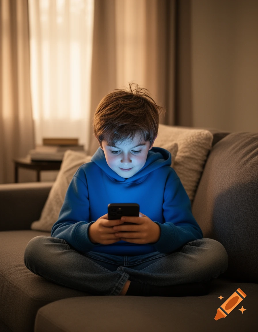 A young boy sits cross-legged on a couch, his face illuminated by the glowing screen of his smartphone.