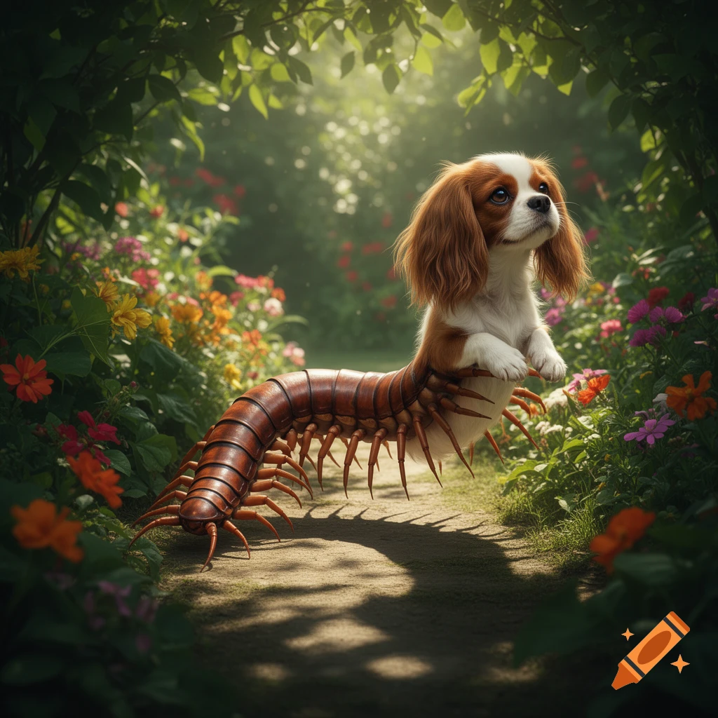Photorealistic image of a hybrid creature, a Cavalier King Charles Spaniel centipede, in a sun-dappled garden path.