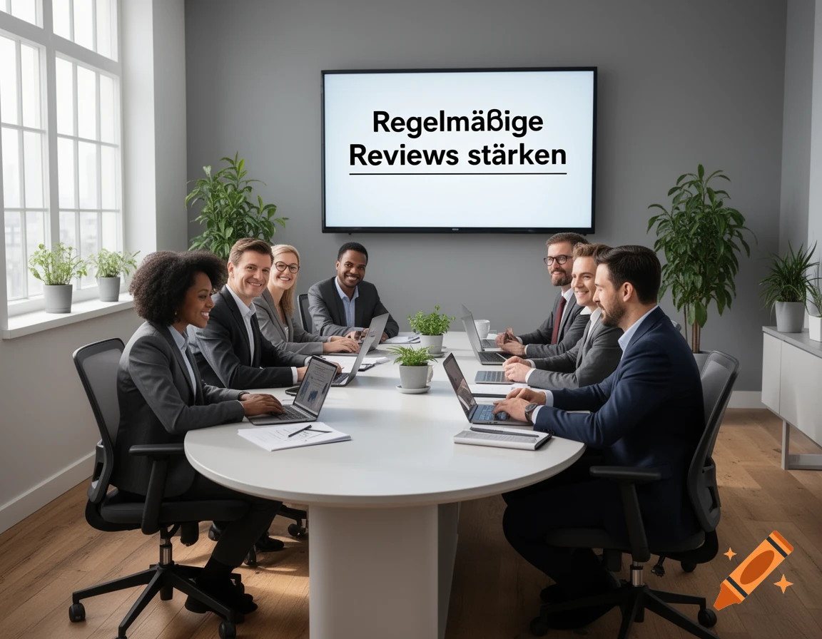 Diverse professionals in a modern meeting room with laptops and a screen displaying 'Regelmäßige Reviews stärken'.