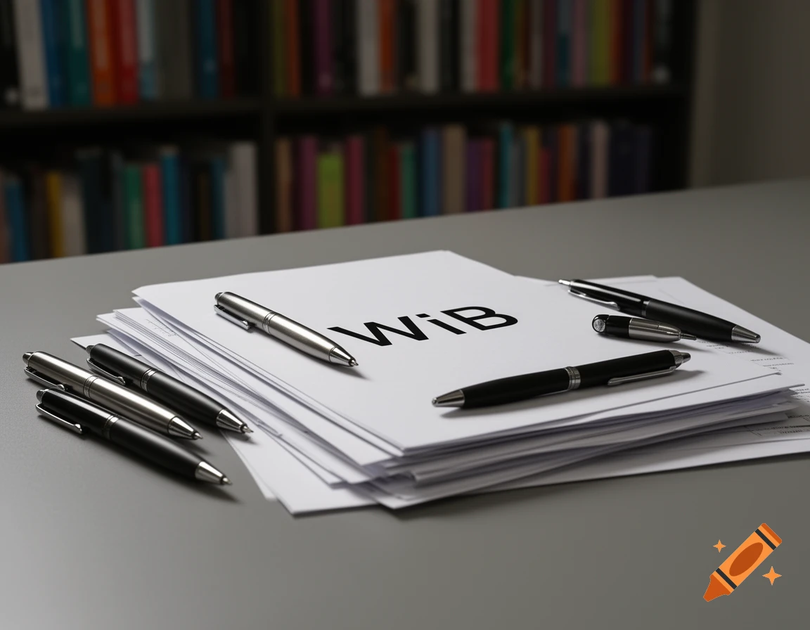 A stack of white papers with "WiB" printed on the top sheet, surrounded by several silver and black pens, on a gray desk with a blurry bookshelf background.