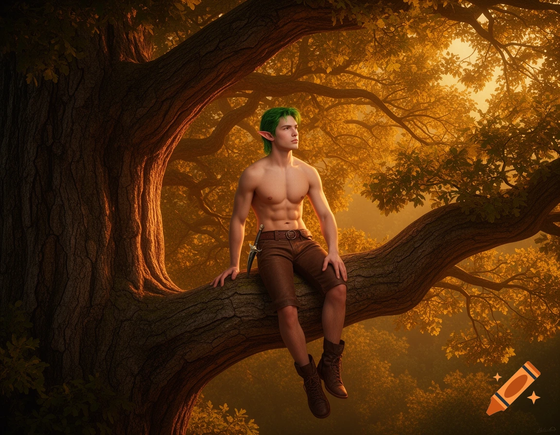 A photorealistic fantasy art piece showing a young man with green hair and elven ears sitting shirtless on a tree branch in a sunlit forest, looking observant.