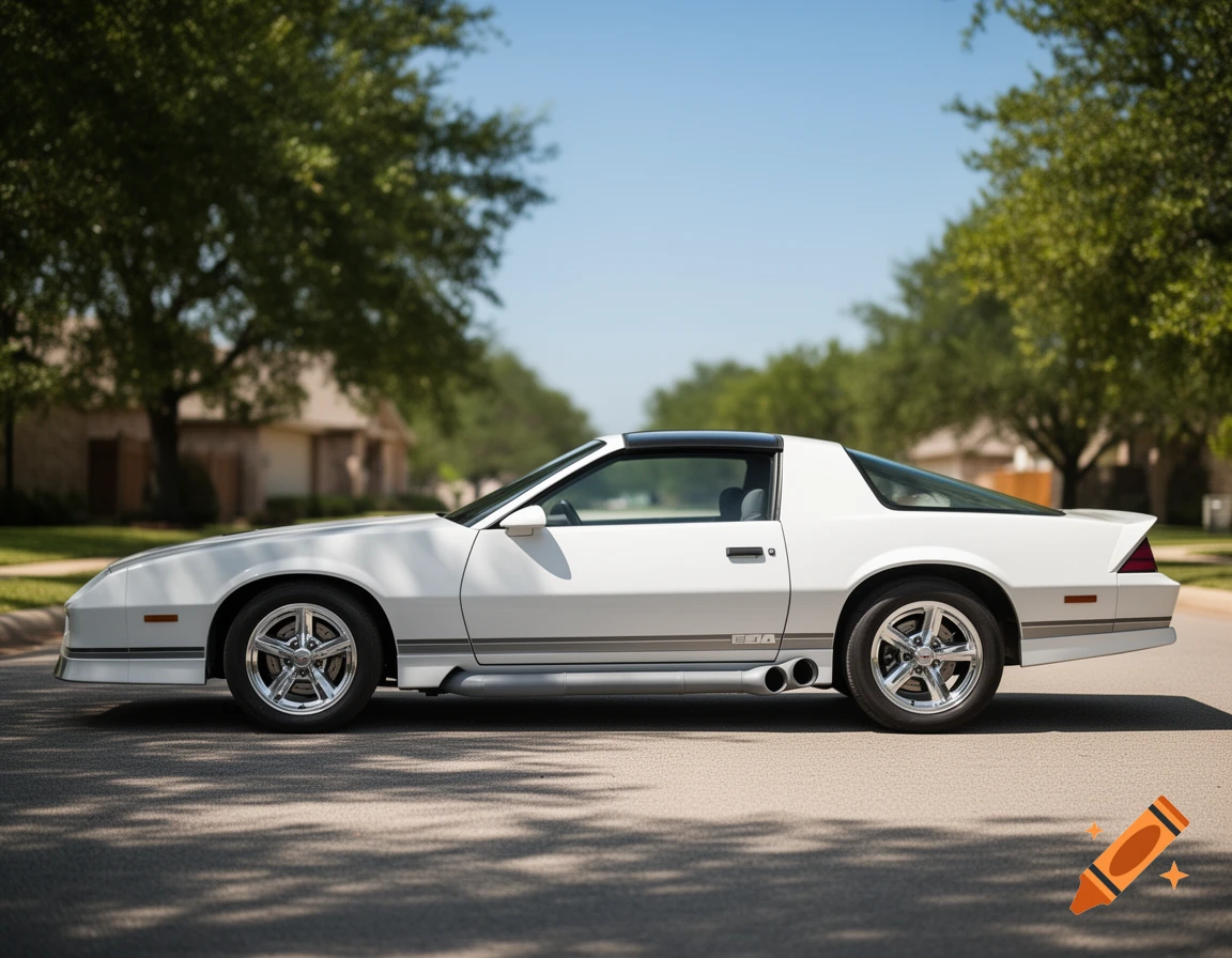 A white 1984 Chevrolet Camaro with gray side pipes is parked on a suburban street on a sunny day.