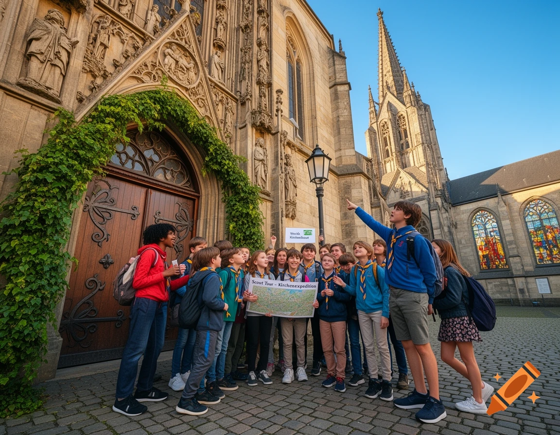 A group of young scouts, some holding a map, stand in front of a large gothic church with one scout pointing towards its spire.