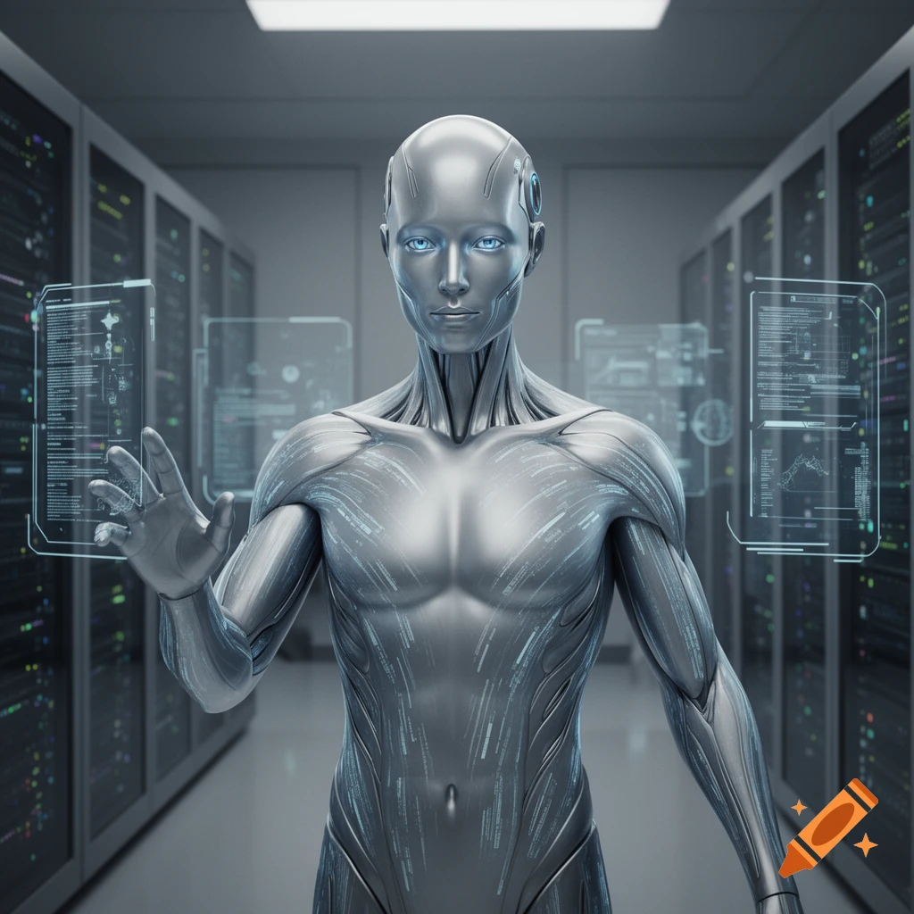 Silver humanoid robot with glowing blue eyes interacting with holographic screens in a data center, photorealistic style.