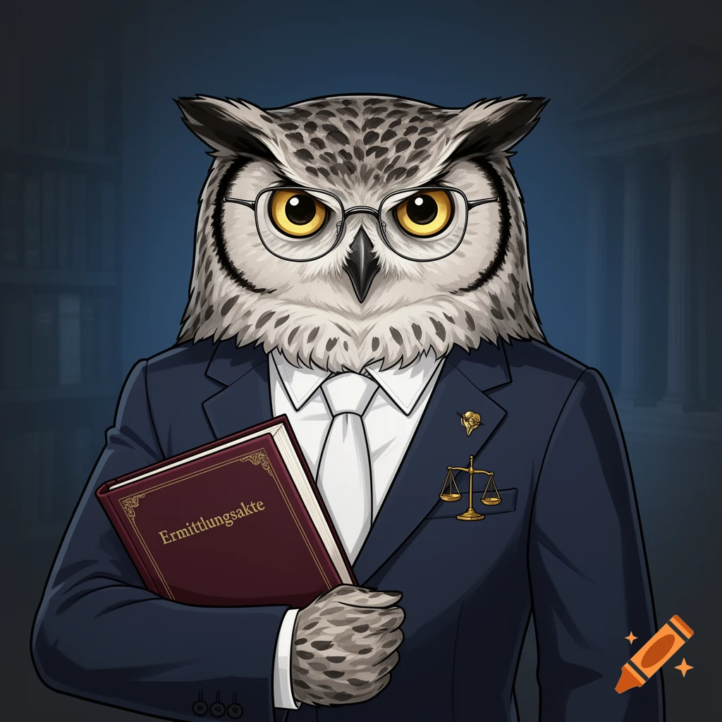 An anthropomorphic owl in a blue suit, white tie, and glasses holds a dark red book titled 'Ermittlungsakte' and wears a golden scales pin, against a blurred dark background.