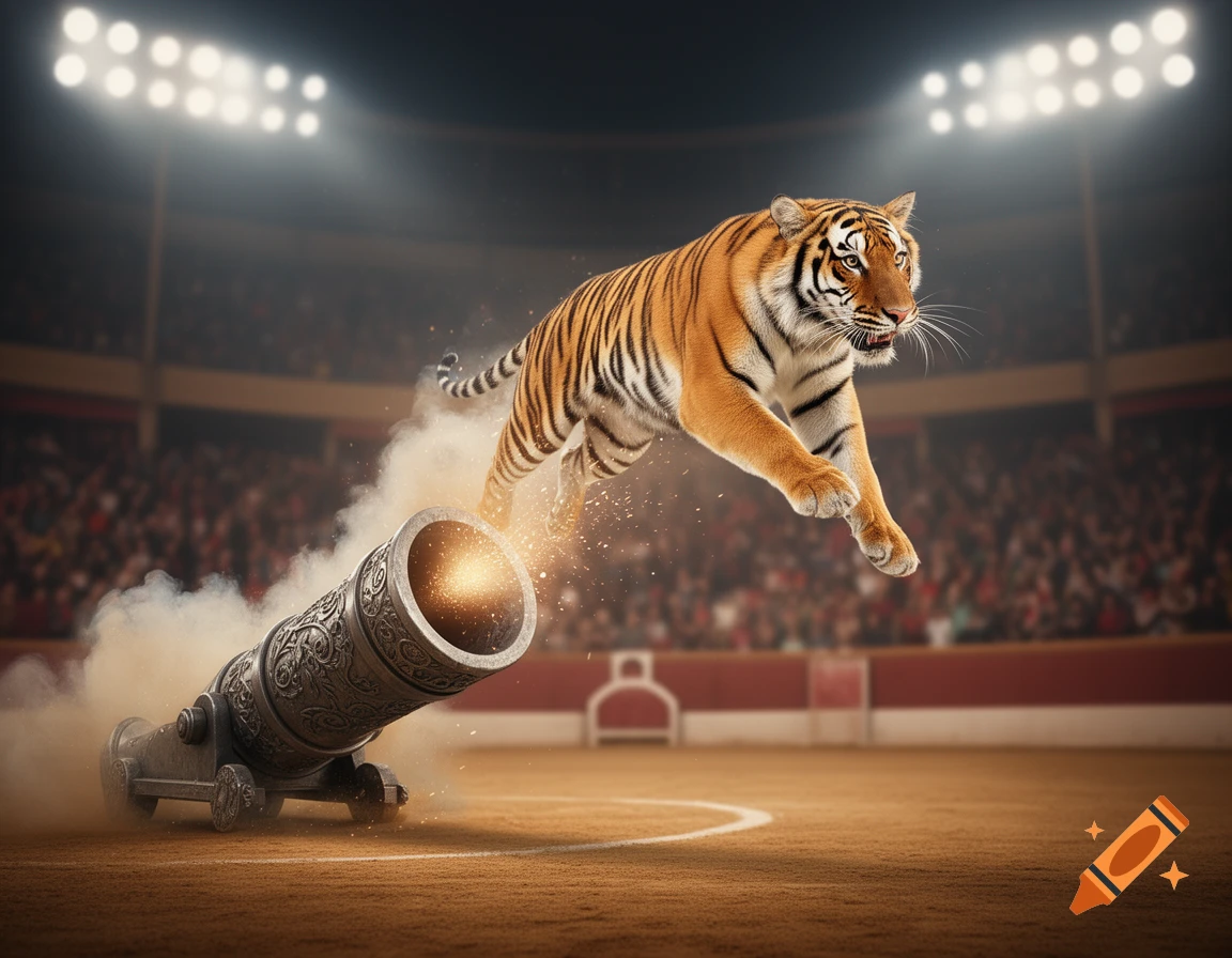 A photorealistic tiger leaps from an ornate cannon with smoke and sparks in a large, dimly lit arena.