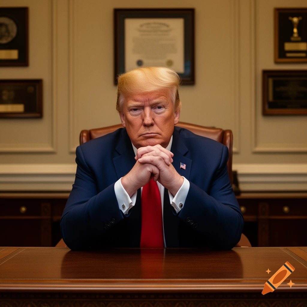 Donald Trump in a blue suit and red tie sits at a wooden desk, propping his head on his clasped hands, in an office.