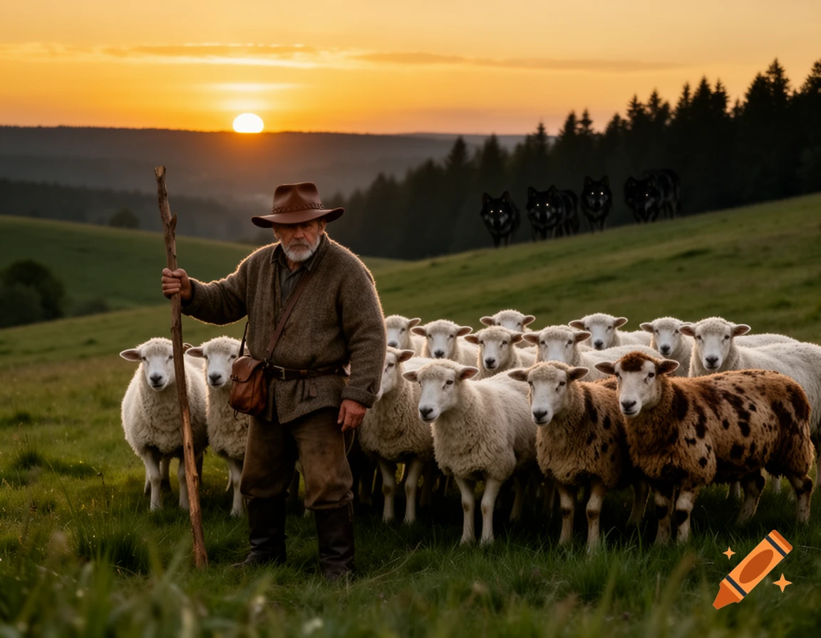 A bearded shepherd in a hat and rustic clothing stands with his flock of sheep in a grassy field at sunset, as menacing black wolf silhouettes with glowing eyes appear on a distant hill.