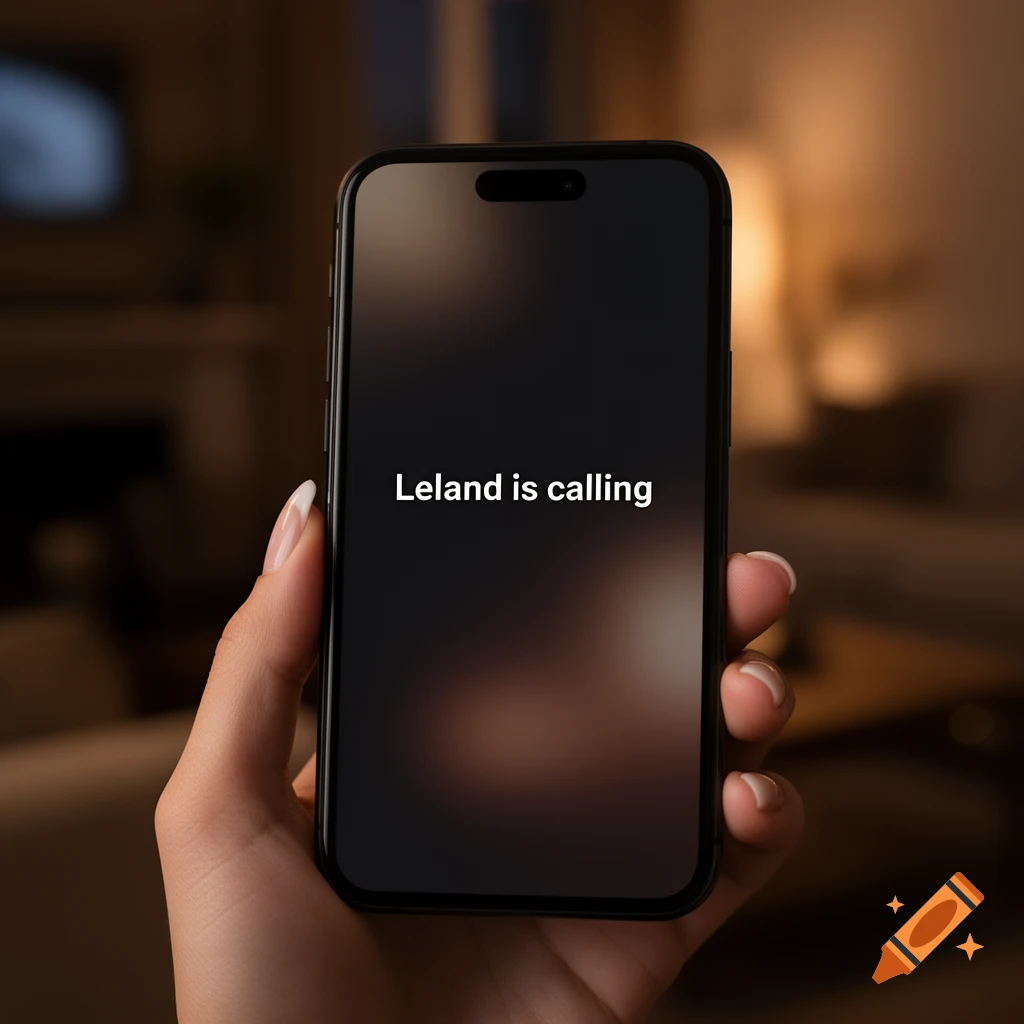 Close-up of a hand holding a black smartphone with 'Leland is calling' on the screen, in a dimly lit room.