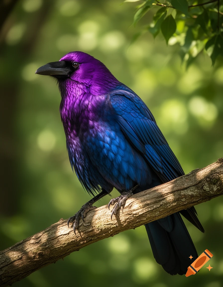 A photorealistic image of a bird with bright purple and blue ombre feathers perched on a tree branch, with a blurred green background.