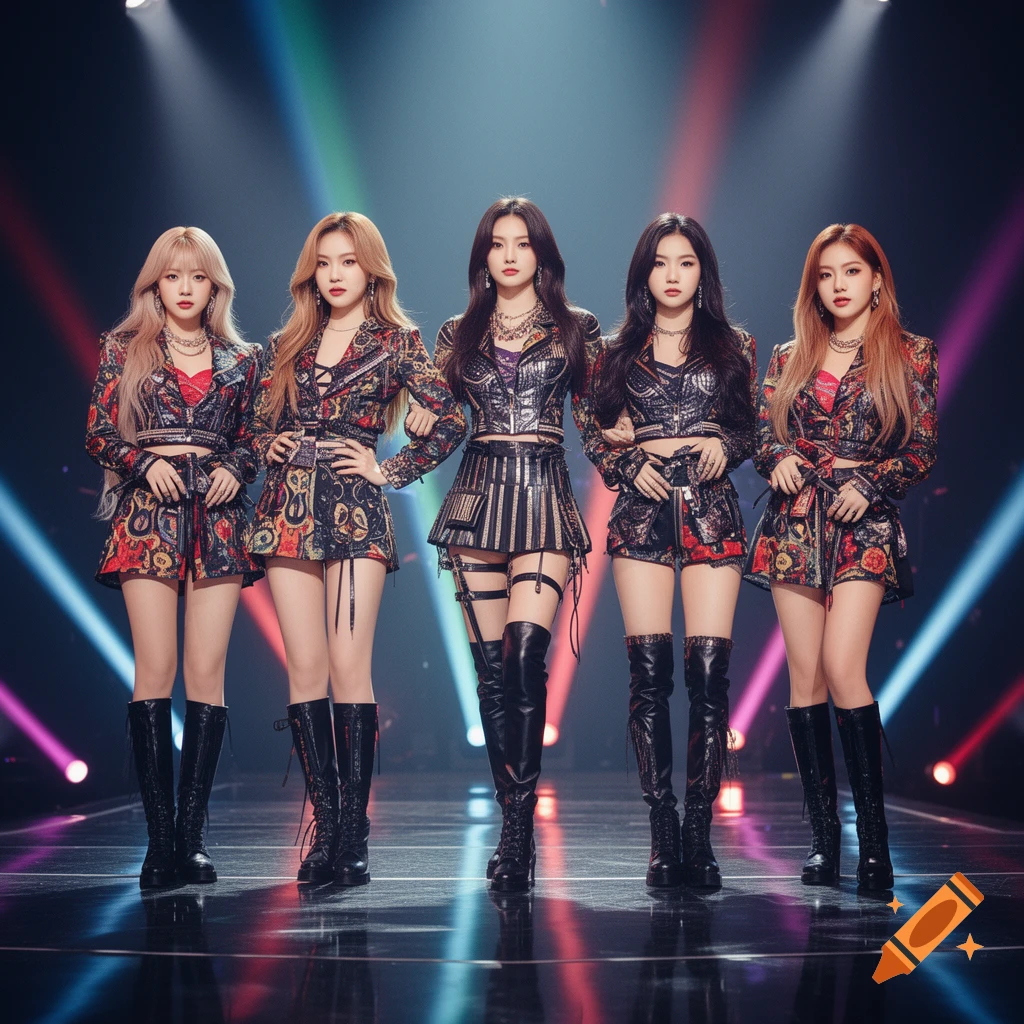 Five K-pop girl group members in intricate, dark patterned stage outfits and boots, posing under colorful spotlights.