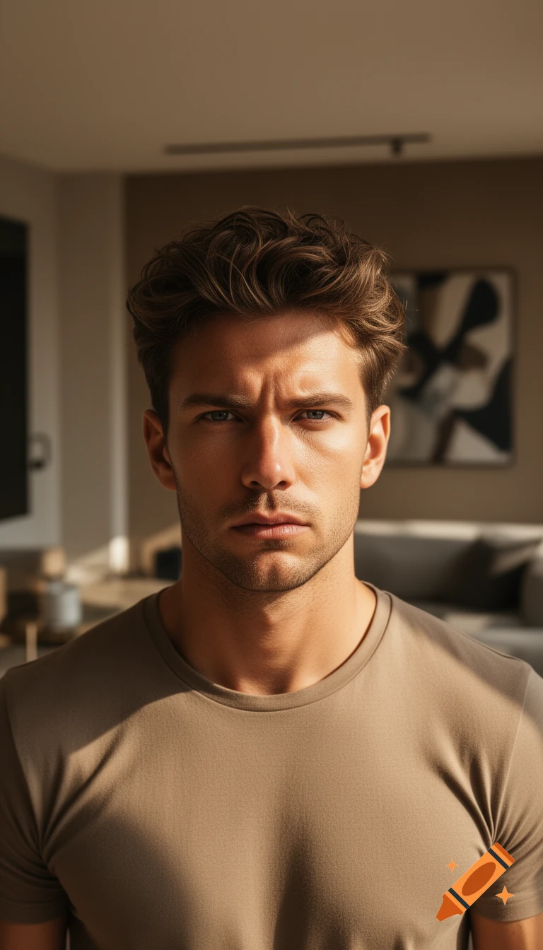 Realistic cinematic portrait of a serious man with brown hair in a modern apartment, natural golden light.