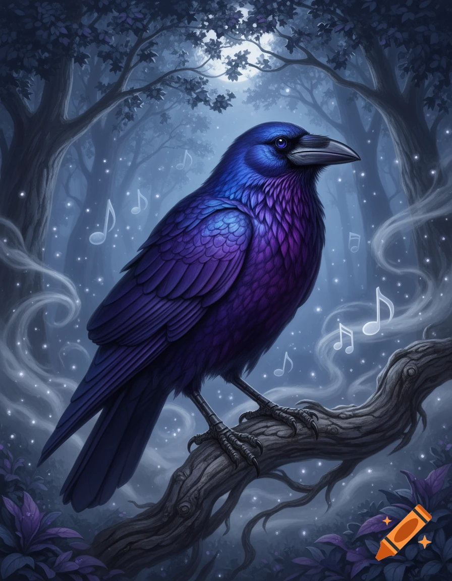A fantasy raven with blue and purple feathers sits on a branch in a dark, glowing forest under a full moon, with musical notes floating.