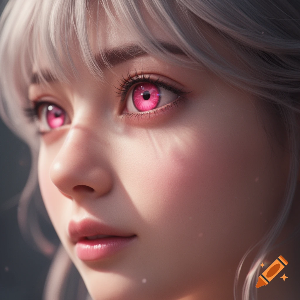 Close-up photorealistic portrait of a girl with white hair and vivid pink eyes, soft skin, with cinematic side lighting.
