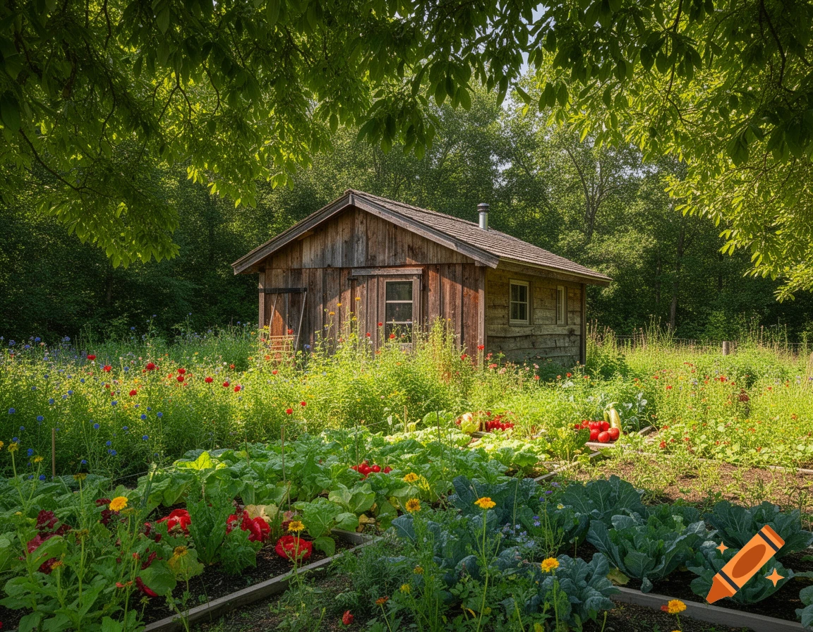 A rustic wooden cabin is surrounded by a vibrant, sunlit vegetable garden and wildflowers in a lush forest.