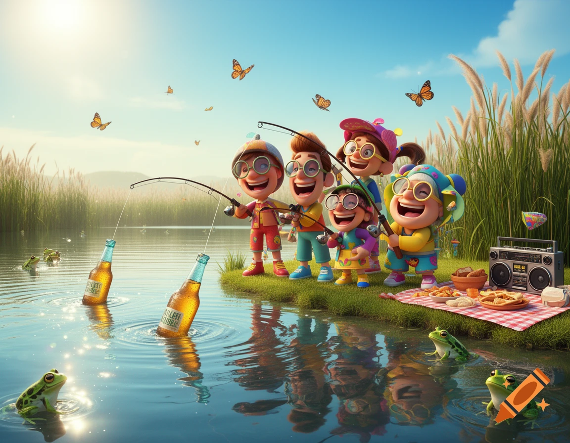 Funny 3D cartoon of children fishing for beer bottles by a grassy lake with frogs and butterflies, next to a picnic.